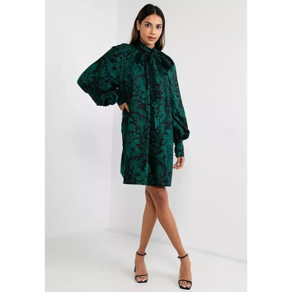 & Other Stories Green and Black Long Sleeve Tie-Neck Shift Dress